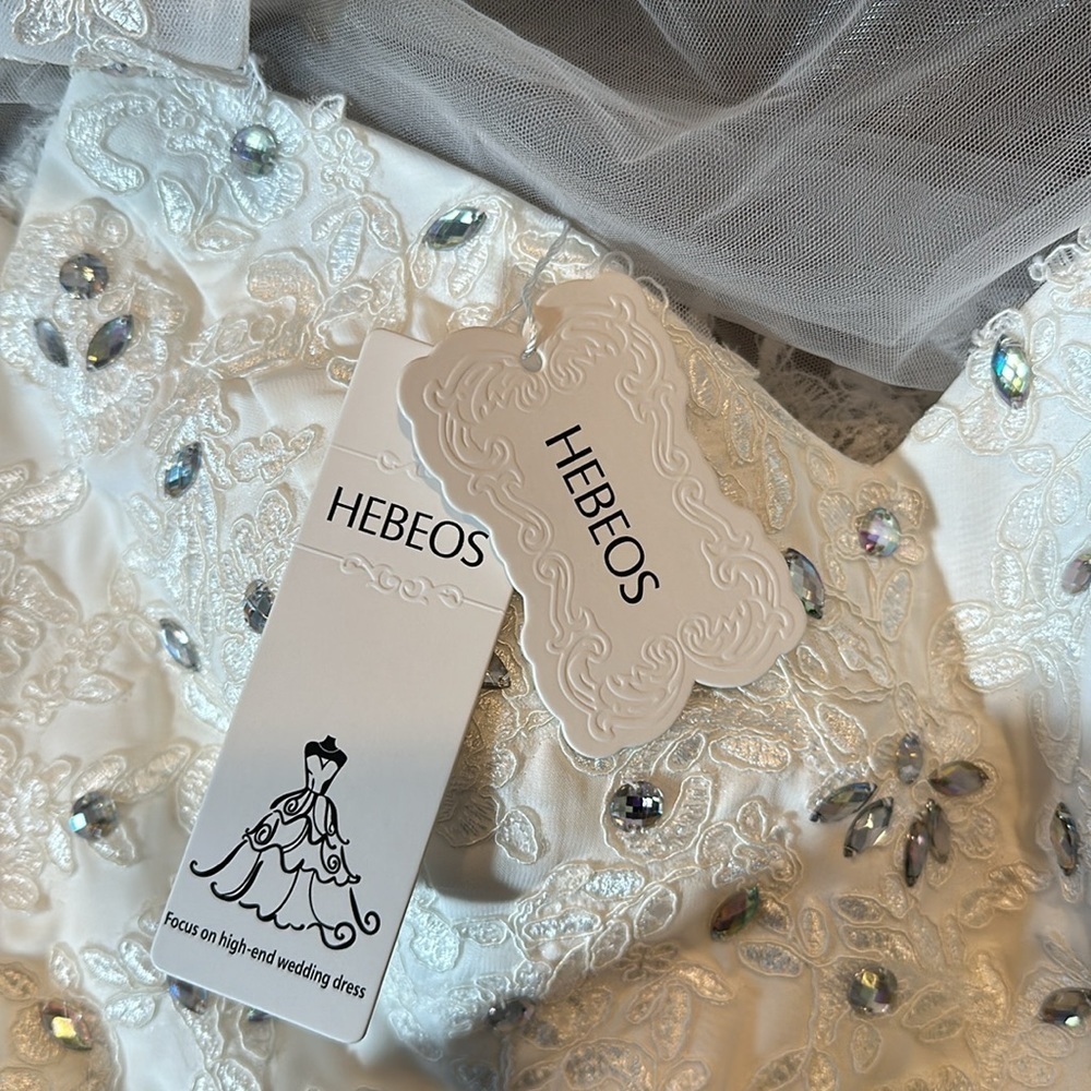 Hebeos White Chiffon A-Line Prom Dress Beaded Lace Built-In Bra NWT - Picture 6 of 8